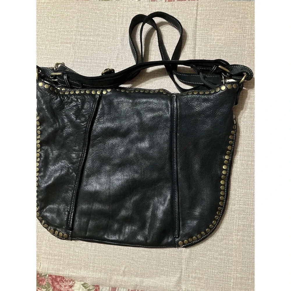 Bolsa Nova Anna Hobo Italian Black Washed Supple Leather Studded Shoulder Bag